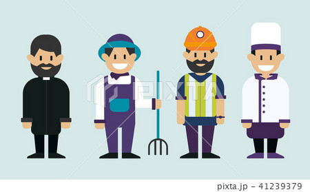 Working man, catholic priest, farmer and chef cook. Men of different professions. Vector flat design 41239379