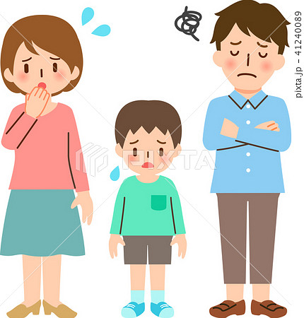 困った表情の若い男女と男の子のイラスト素材