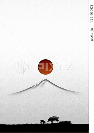 富士山の日の出とイノシシのイラスト素材