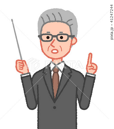 スーツ 指示棒を持ち指差しをするシニア男性 斜めのイラスト素材