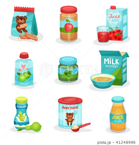 Flat vector set of food and drinks for babies. Natural yogurts and juices, fruit and vegetable puree 41248996