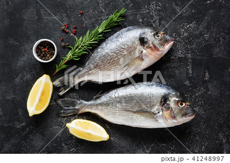 Fresh dorado or sea bass fish on slate background Fresh dorado or sea bass fish on slate background 41248997