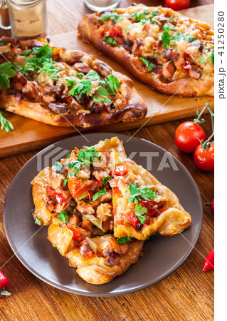 Sliced traditional Turkish pide with meat 41250280