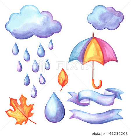 Set of aquarelle umbrella, clouds and rain. Set of aquarelle umbrella, clouds and rain. 41252208