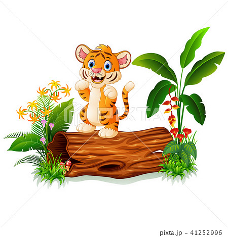 Cartoon baby tiger on tree trunk  41252996