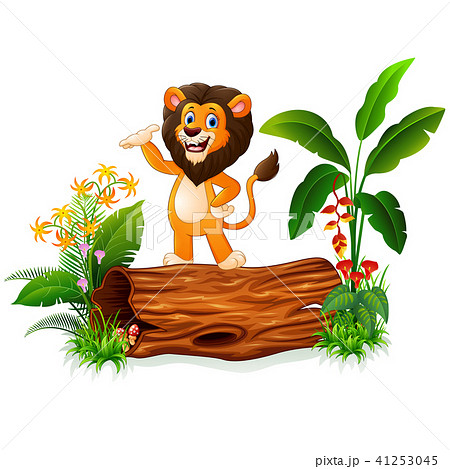 Cartoon lion presenting on tree trunk  41253045