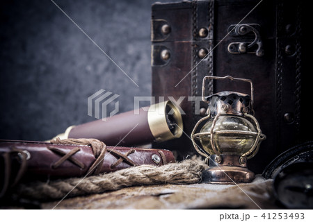 Columbus day. Pirates and treasure with worldmap 41253493