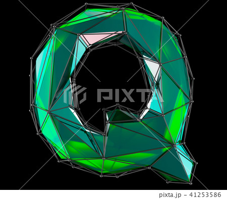 Capital latin letter Q in low poly style green color isolated on black background 41253586