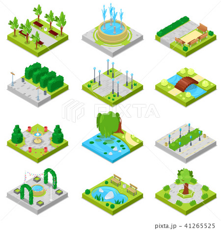 Park vector landscape of parkland with green garden trees and fountain or pond in city illustration 41265525