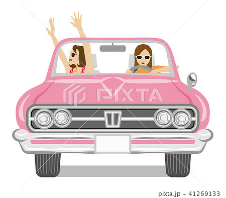 オープンカーでドライブを楽しむ二人の女性のイラスト素材