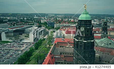 Aerial view of City Hall clock tower and the townscape of Dresden 41274405