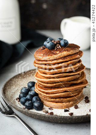 Pancakes with buckwheat and oat flour. Healthy vegan pancakes. Chocolate pancakes Pancakes with buckwheat and oat flour. Healthy vegan pancakes. Chocolate pancakes 41274422