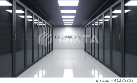 E-COMMERCE caption on the wall of a server room. Conceptual 3D rendering 41275855