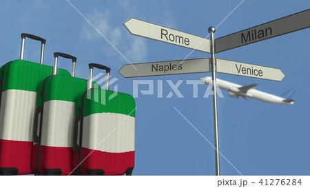 Travel baggage featuring flag of Italy, airplane and city sign post. Italian tourism conceptual 3D Travel baggage featuring flag of Italy, airplane and city sign post. Italian tourism conceptual 3D 41276284