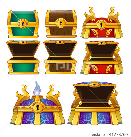 Set of closed and opened colored chests isolated on white background. Vector cartoon close-up 41278760