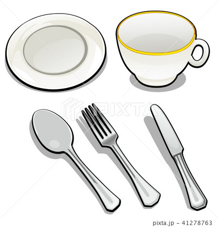 Tableware isolated on white background. Mug and saucer of porcelain, tea spoon, fork and butter Tableware isolated on white background. Mug and saucer of porcelain, tea spoon, fork and butter 41278763