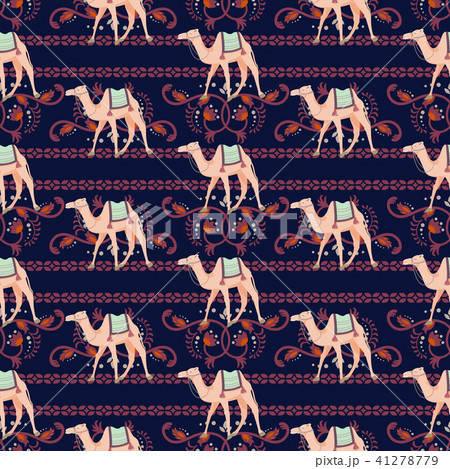 Vector seamless pattern with camels and oriental decorative motifs. 41278779
