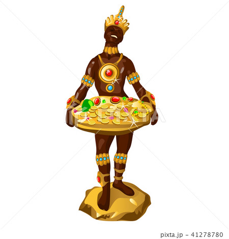 Statuette in the form of a dark-skinned man with a tray of golden jewelry isolated on a white 41278780