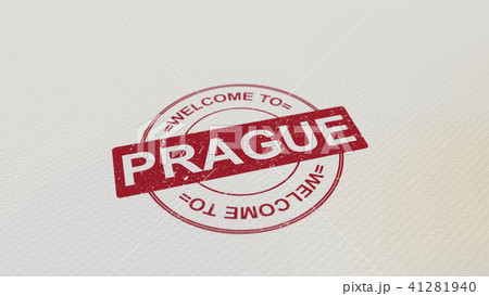 WELCOME TO PRAGUE stamp red print on the paper. 3D rendering  41281940