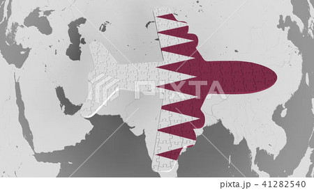 Airplane puzzle featuring flag of Qatar against the world map. Qatari tourism conceptual 3D Airplane puzzle featuring flag of Qatar against the world map. Qatari tourism conceptual 3D 41282540