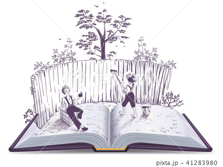 Tom Sawyer paints fence open book illustration 41283980