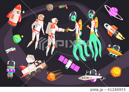 Astronauts Shaking Hands With Extraterrestrial Beings In Space Surrounded By Travel Related Objects 41289955