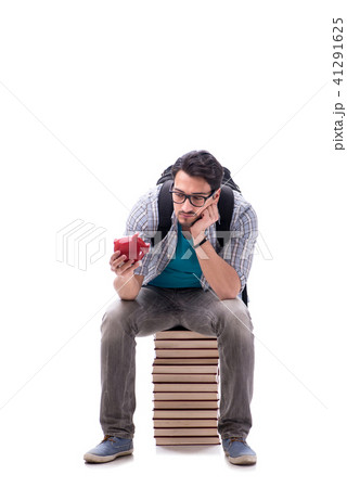 Young student sitting on top of book stack on white Young student sitting on top of book stack on white 41291625