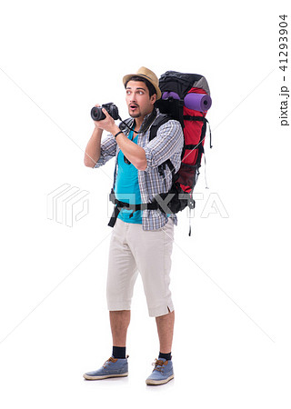Backpacker with camera isolated on white background Backpacker with camera isolated on white background 41293904