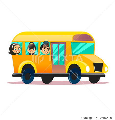 Flat school bus. School kids riding a schoolbus. Back to school flat concept. Happy schoolchildren Flat school bus. School kids riding a schoolbus. Back to school flat concept. Happy schoolchildren 41296216