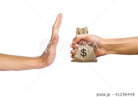 A hands holding money bag and rejecting hand A hands holding money bag and rejecting hand 41296449
