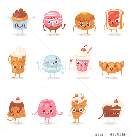 Cartoon cake character vector chocolate sweets confectionery cupcake emotion and sweet confection 41297660