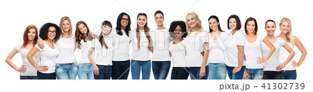 group of happy different women in white t-shirts group of happy different women in white t-shirts 41302739