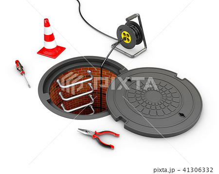 3d Illustration of Manhole cover open with tools 3d Illustration of Manhole cover open with tools 41306332