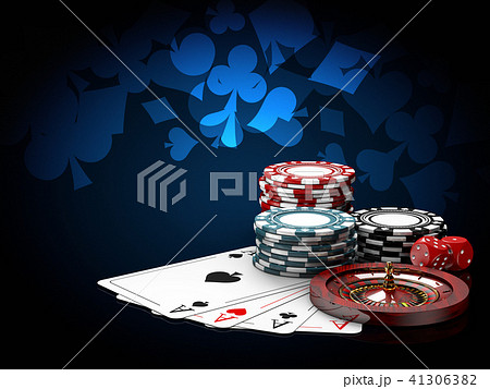 Casino chips stacks with roulette, play cards and dice. 3d Illustration on blue background Casino chips stacks with roulette, play cards and dice. 3d Illustration on blue background 41306382