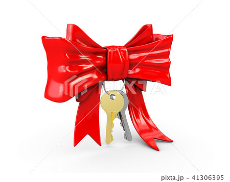 3d Illustration of Red gift bow wtih keys. Ribbon. Isolated on white 41306395
