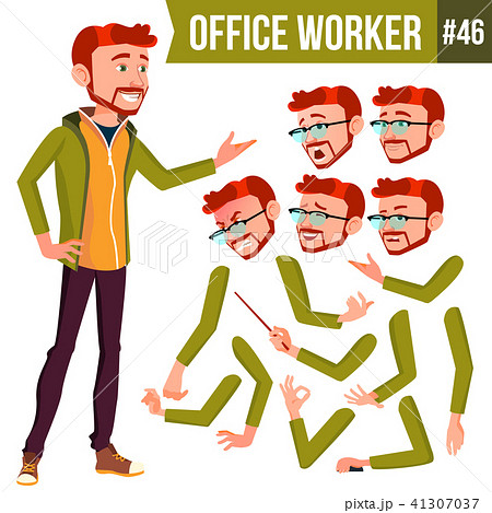 Office Worker Vector. Red Head. Face Emotions, Various Gestures. Animation Creation Set. Businessman 41307037