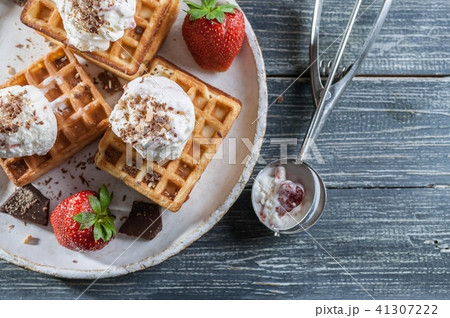 Belgian Wafers with vanilla ice cream. Top view 41307222