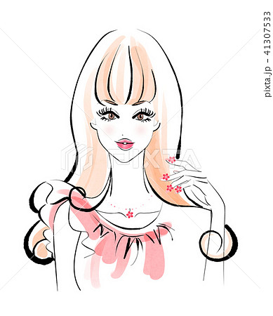 花のネイル ロングヘア ピンクのドレスのイラスト素材