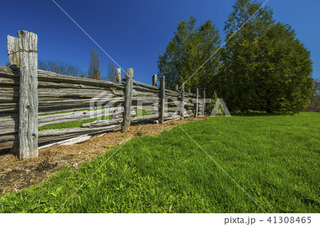 Wooden fence in green grass meadow 41308465