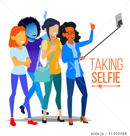 Girls Taking Selfie Vector. Photo Portrait Concept. Self Camera. Modern Flat Isolated People 41309488