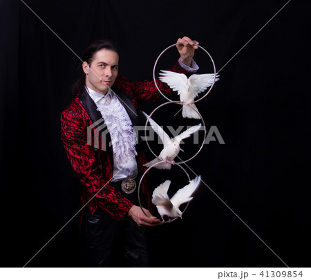 The magician with a two flying white Doves The magician with a two flying white Doves 41309854