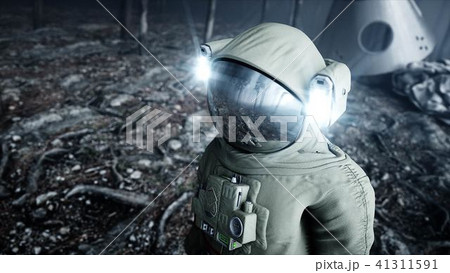 Astronaut in fog night forest. Fear and horror. landing place. 4K animation. 3d rendering. 41311591