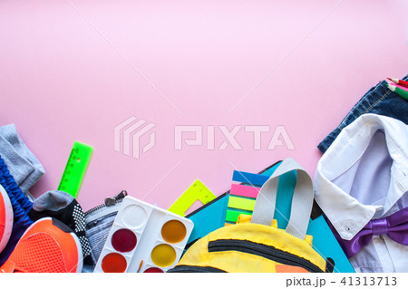 stationery flat lay on pink background 41313713