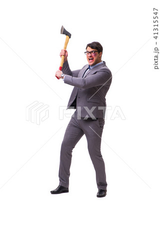 Angry businessman with axe isolated on white Angry businessman with axe isolated on white 41315547