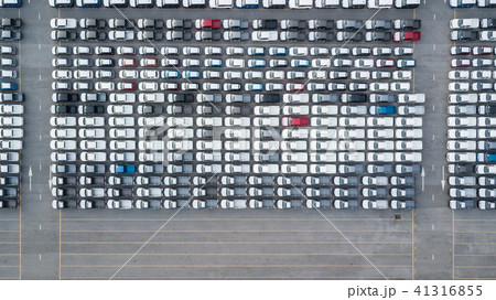 Aerial top view new cars lined up in the port. Aerial top view new cars lined up in the port. 41316855