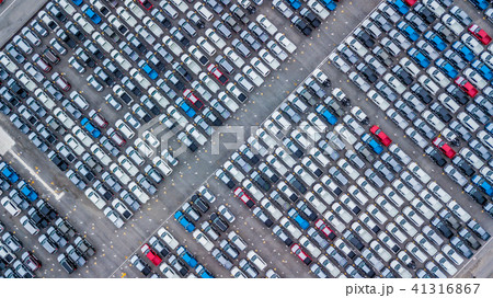 Aerial top view new cars lined up in the port. 41316867
