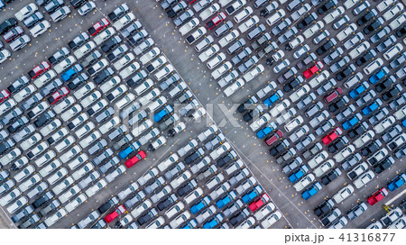 Aerial top view new cars lined up in the port. 41316877
