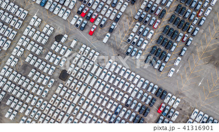 Aerial top view new cars lined up in the port. 41316901