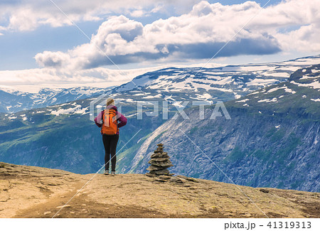 Sporty woman enjoys beautiful view and good weather in Norway 41319313