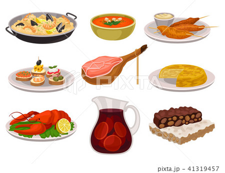 Flat vector set of traditional Spanish food and drink. Paella, refreshing gazpacho soup, grilled Flat vector set of traditional Spanish food and drink. Paella, refreshing gazpacho soup, grilled 41319457